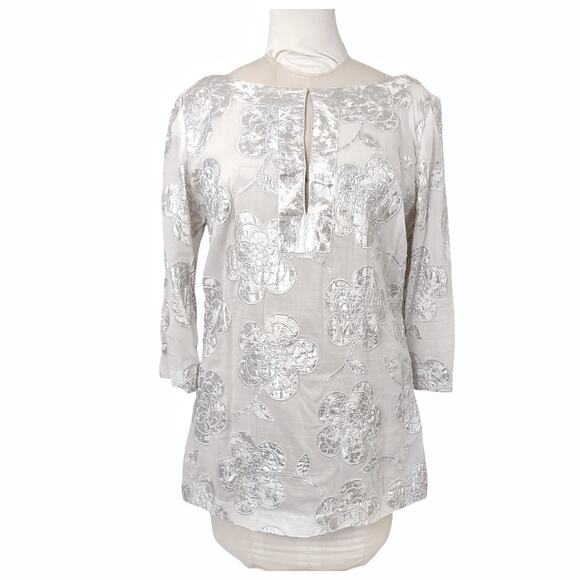 TORY BURCH White Cotton Tunic Metallic Silver Floral Embroidery Top Size L Clean - Picture 3 of 9